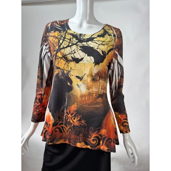 Halloween Castle & Cat Print Long Sleeve Tunic Top - Picture 8 of 16
